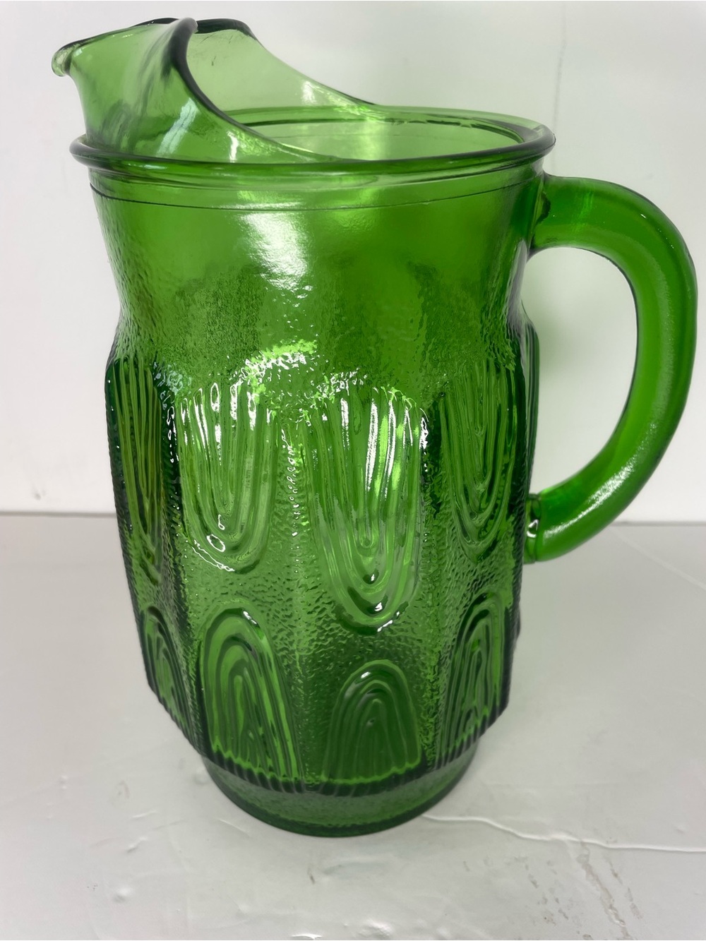 Vintage Green Glass Anchor Hocking Fingerprint Thumbprint Pitcher 2 Qts